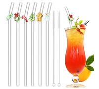 Meanplan 6 Pcs Christmas Glass Straws with Design Christmas Tree Gingerbread Man Candy Canes Leaves Reusable Shatter Resistant Clear Bent Straws with 2 Cleaning Brush for Drinks Cocktail Beverages