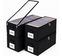 Meanplan Holds 160 Standard Cases 4 Pack Large DVD Storage Box, 22" x 8.38" x 6.25" Thick Oxford DVD Holder Case with Clear Window and Label Pocket, Media Storage Bin for Movies CDs Video Games