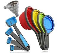 Measuring Cups and Spoons, Collapsible Silicone Measuring Cups and Spoons Set, 8 Piece Measuring Tool Engraved Metric/US Markings for Liquid & Dry Measuring, Space Saving, BPA Free Silicone, Colorful