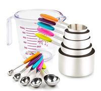 Measuring Cups and Spoons Set 11 Piece. Includes 10 Stainless Steel Measuring Spoons and Cups Set and 1 Plastic Measuring Cup. Liquid Measuring Cups Set and Dry Metal Measuring Cup Set