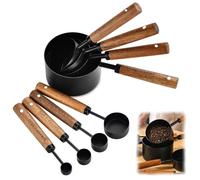 Measuring Cups and Spoons Set, 8 Pack Gold Measuring Spoons with Acacia Wood Handle Stainless Steel Dry & Liquid Measuring Cups for Baking Cooking (Black)