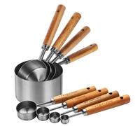 Measuring Cups and Spoons Set，Measuring Cup Set with Wooden Handle and Metric and US Measurements，Silver Polished Finish，for Cooking and Baking in The Kitchen (8 Piece)