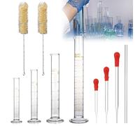 Measuring Cylinder Glass, 10 Pieces Thick Glass Graduated Glass Measuring Cylinder Set with 4 Measuring Cylinders 5 ml/10 ml/50 ml/100 ml, 3 Glass Pipettes, 1 Glass Rod, 2 Brushes for Test Tube for