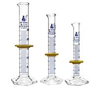 Measuring Cylinders 3 Piece Set - ASTM, Class A - 5ml, 10ml & 25ml - Protective Collars, Hexagonal Base - Blue Graduations - Borosilicate 3.3 Glass - Eisco Labs
