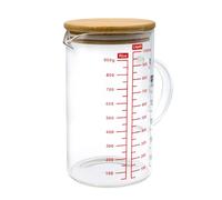 Measuring Jug, 1 L, Shodiffy Glass Measuring Cup, Heat Resistant Glass Container with Bamboo Lid, Scale for Litres, Millilitres Cups and Grams, Transparent
