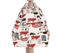 Meat Butcher Pattern,Women's Oversized Wearable Blanket Hoodie, Blanket Sweatshirt,Flannel Pullover Blanket