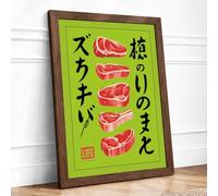 Meat Cuts in Lime Retro Framed Wall Art Print A3 (42×29.7cm) Walnut, Wall Decor for Living Room, Bedroom, Office & Home, Ready to Hang, Art Gift