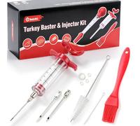 Meat Injector Syringe, 1-oz Plastic Turkey Injector Kit with 3 Marinade Needles & Brushes for BBQ Grill, Smoking, Beef, Pork ,Chicken (Red)