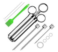 Meat Injector Syringe Kit, Stainless Steel Marinade Flavor Injector Kit with 3 Needles, Turkey Baster Food Syringe for BBQ, Baking, Turkey and Cooking, Free silicone brush (Silver)