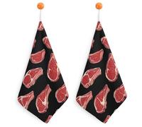Meat Red Steaks Hand Towels Absorbent Microfiber Cleaning Cloths with Hanging Loop