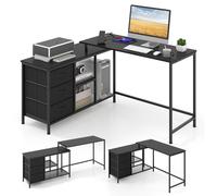 Meatel L-Shaped Convertible Corner Desk with Wooden Top and Built-in Charging Station (2 AC Outlets + 2 USB), 3 Removable Drawers
