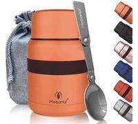 Mebanix Food Flask for Hot Food, Soup | 400ml Stainless Steel Double Walled Vacuum Insulated Leakproof Jar with Folding Spoon | BPA Free | 6 hrs hot 10 hrs cold | For Adults and Kids. Orange