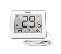 MEBUS Digital Thermometer with Wired Outdoor Sensor Measures Indoor and Outdoor Temperature, Time, Min/Max Values, Metal Housing Frame, Colour: White, Model: 01074