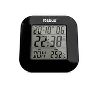 Mebus Digital Wireless Alarm Clock with Thermometer, Date Display and Lighting, Snooze Function, Black, 8 x 8,5 x 1,8 cm