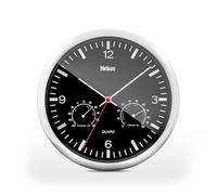 Mebus Quartz Wall Clock with Thermometer and Hygrometer/Silver Frame/Black Dial/25 cm Diameter/Round/Model: 56731/Colour: Silver, Black