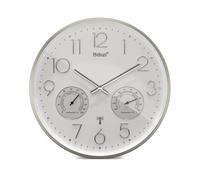 Mebus Radio Controlled Wall Clock with Thermometer and Hygrometer, Silent, Silver Frame, White, Model 12989 - Precision and Comfort