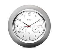 Mebus Radio-Controlled Wall Clock with Thermometer and Hygrometer/Silver Frame/White Dial/24 cm Diameter/Round/Model: 19454/Colour: Silver, White