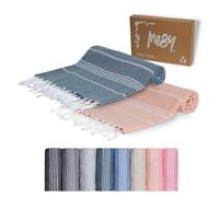 MEBY Set of 2 XXL Sauna Towels (100 x 200 cm) Beach Towel, Bath Towel, Turkish Hammam Towel, Hand Towel. 100% Cotton (Salmon & Petrol Blue)