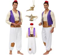 Mecamelon 7 Pcs Mens Arab Prince Costume Fairy Tale Suits Halloween Cosplay Party Suit, White, Medium