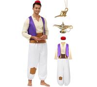 Mecamelon 7 Pcs Mens Arab Prince Costume Fairy Tale Suits Halloween Cosplay Party Suit, White, X-Large
