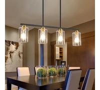 Mecgirn Island Light for Kitchen, 4-Light Dining Room Light Fixture with Clear Glass Shade, Black and Gold Linear Chandelier Pendant Lighting Over Table for Dining Table Kitchen Island Living Room