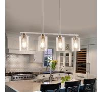 Mecgirn Island Light for Kitchen, 4-Light Dining Room Light Fixture with Clear Glass Shade, Brushed Nickel Linear Chandelier Pendant Lighting Over Table for Dining Table Kitchen Island Living Room