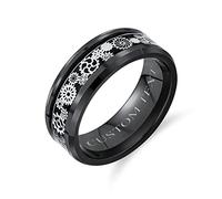 Mechanic Car Racer Ring Punk Rock Motorcycle Biker Jewelry Silver Black Titanium Rings for Men Wedding Bands Steampunk Gear Wheel Carbon Fiber Inlay Beveled Edges Comfort Fit 8MM Custom Engraved