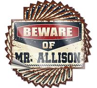 Mechanic Stickers Beware of Mr. Allison Funny Sticker 10 Pcs Funny Signs for Home Decor Outdoor Bar Decor(12X18CM)