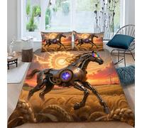 Mechanical Animal Horse Duvet Cover 135 x 200 cm, Bedding Set Wheat Field Sunset 3D Printed Comforter Cover for Boys Girls Children Teens Bedroom Decor Cover with 1 Pillow Case (Dx7344)