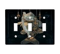 Mechanical Bass Fish Light Switch Cover Plates/Outlet Covers, Steampunk Style for Room Decor, Thermoplastic Wall Plates, Standard Size Triple Toggle