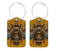 Mechanical Bee Pattern Luggage Tags PU Leather Suitcase Tag for Cruise Ship Travel Bag, ID Label Address Card and Metal Ring Suitable for Travel Bag