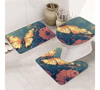 Mechanical Butterfly Flower Bathroom Rugs Sets 3 Piece, Soft Absorbent Memory Foam Bath Mats And U Shaped Contour Toilet Rug, Home Decoration, Quick Dry