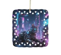 Mechanical Cat Ceramic Christmas Ornament Xmas Tree Hanging Pendant Double Sided Pattern Festive Square Ornament Holiday Home Party Decoration Gifts