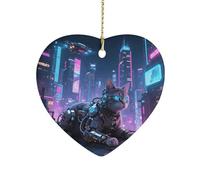 Mechanical Cat Ceramic Christmas Ornaments Double Sided Porcelain Hanging Heart Pendant for Xmas Tree, Holiday Home Decor and Gift Party Decorations