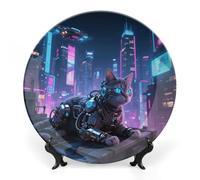 Mechanical Cat Ceramic Decorative Plate Boho Bone China Decorative Plate with Display Stand Wall Hanging Ornament Plates for Kitchen Dining Room Wine Cabinet Home Décor 10inch