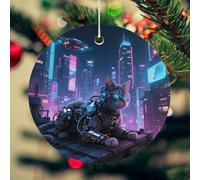 Mechanical Cat Christmas Ceramic Ornaments with Gold String - 2.8 Inch Round Double-Sided Porcelain Xmas Tree Decor for Fireplace Mantel, Farmhouse Winter Holiday Hanging Ornaments