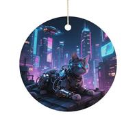 Mechanical Cat Double-Sided Ceramic Christmas Ornaments - Round Hanging Mini Xmas Tree Decorations, Ideas for Farmers, Rustic Home Decor for Indoor Outdoor Tree Decor