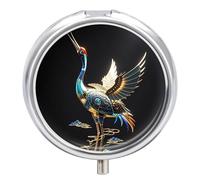 Mechanical Crane Pill Box - 3 Compartment, Round Metal Pill Case with Mirror, Portable Medicine Holder for Purse/Wallet/Travel