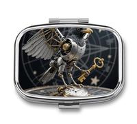 Mechanical Crow Pill Box 2 Compartment Square Metal Pill Organizer Portable Mini Travel Medicine Case with Mirror Cute Medicine Container Holder for Pocket Purse
