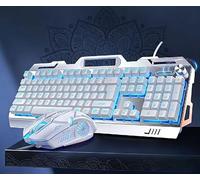 Mechanical Gaming Keyboard, PC Version Illuminated Keyboard, knob for Pitch Adjustment/Brightness Control, Thickened Metal Panel (White Blue Light, Keyboard + Mouse)