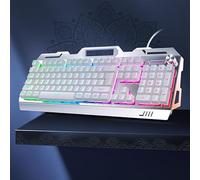 Mechanical Gaming Keyboard, PC Version Illuminated Keyboard, knob for Pitch Adjustment/Brightness Control, Thickened Metal Panel (White Mixed Light, Keyboard)