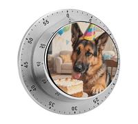 Mechanical Kitchen Timer 60 Min, Strong Magnetic Base & Loud Alarm, Battery-Free Stainless Steel Wind Up Funny German Shepherd Countdown Timer for Cooking Studying Gaming Classroom Office Gym