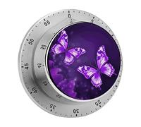 Mechanical Kitchen Timer 60 Min, Strong Magnetic Base & Loud Alarm, Battery-Free Stainless Steel Wind Up Purple Butterflies Countdown Timer for Cooking Studying Gaming Classroom Office Gym