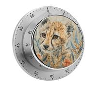 Mechanical Kitchen Timer 60 Minutes Loud Alarm with Magnetic Back, Stainless Steel Wind Up Timer, Leopard and Flower Timers for Cooking, Classroom - No Battery Needed