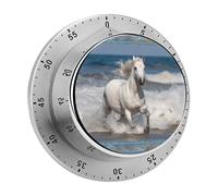 Mechanical Kitchen Timer for Cooking, Wind Up White Horse Running on The Sea Timer Clock with Loud Alarm, No Batteries Required, Stainless Steel Timers for Fitness, Baking, Work