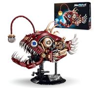 Mechanical Lantern Fish Building Blocks Set, 1306 PCS Steampunk Fish Building Toy with Lights and Base, Creative Marine Creature Animal Bricks Model, Gifts for Adults and Teens
