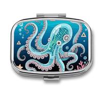 Mechanical Octopus Pill Case 2-Compartment Pill Organizer with Mirror- Portable Medicine Container for Purse & Travel, Small Medicine Box for Vitamins, Fish Oil, Supplements