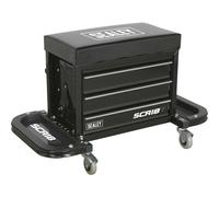 Mechanics Utility Seat & Toolbox - Folding Side Trays - 4 Swivel Castors - Black