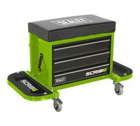 Mechanics Utility Seat & Toolbox - Folding Side Trays - 4 Swivel Castors - Green