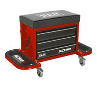Mechanics Utility Seat & Toolbox - Folding Side Trays - 4 Swivel Castors - Red